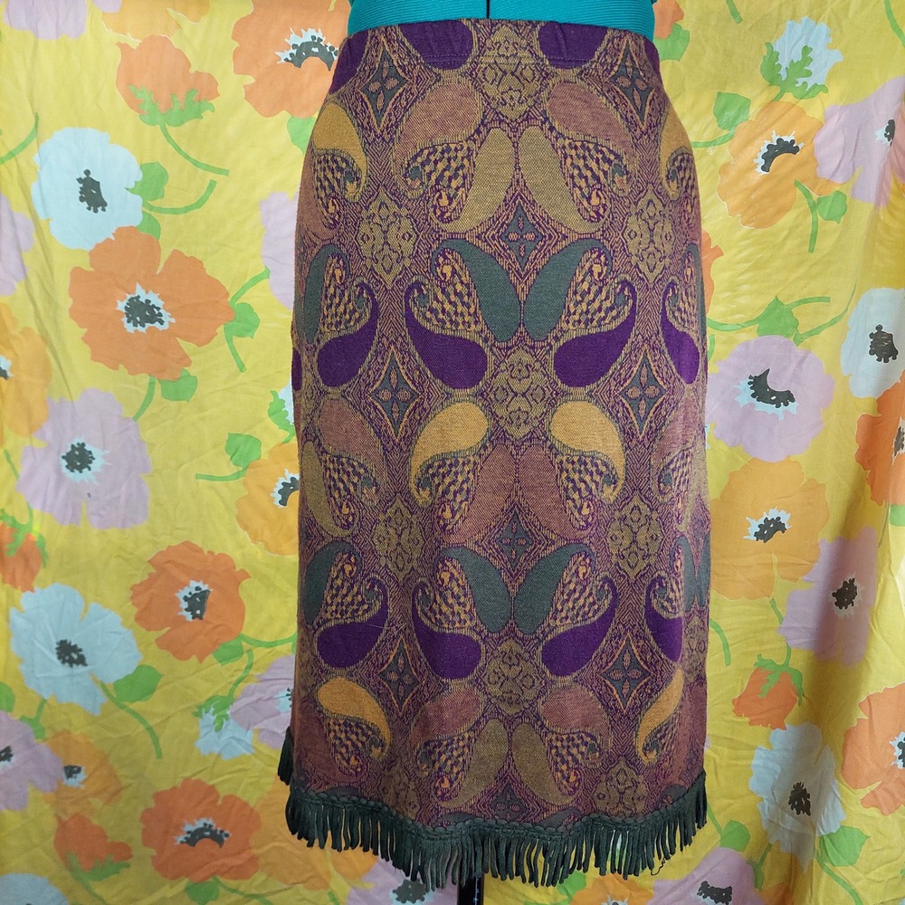 Lennie for Nina Leonard Paisley Fringe Knit Skirt Purple Green Yellow Medium